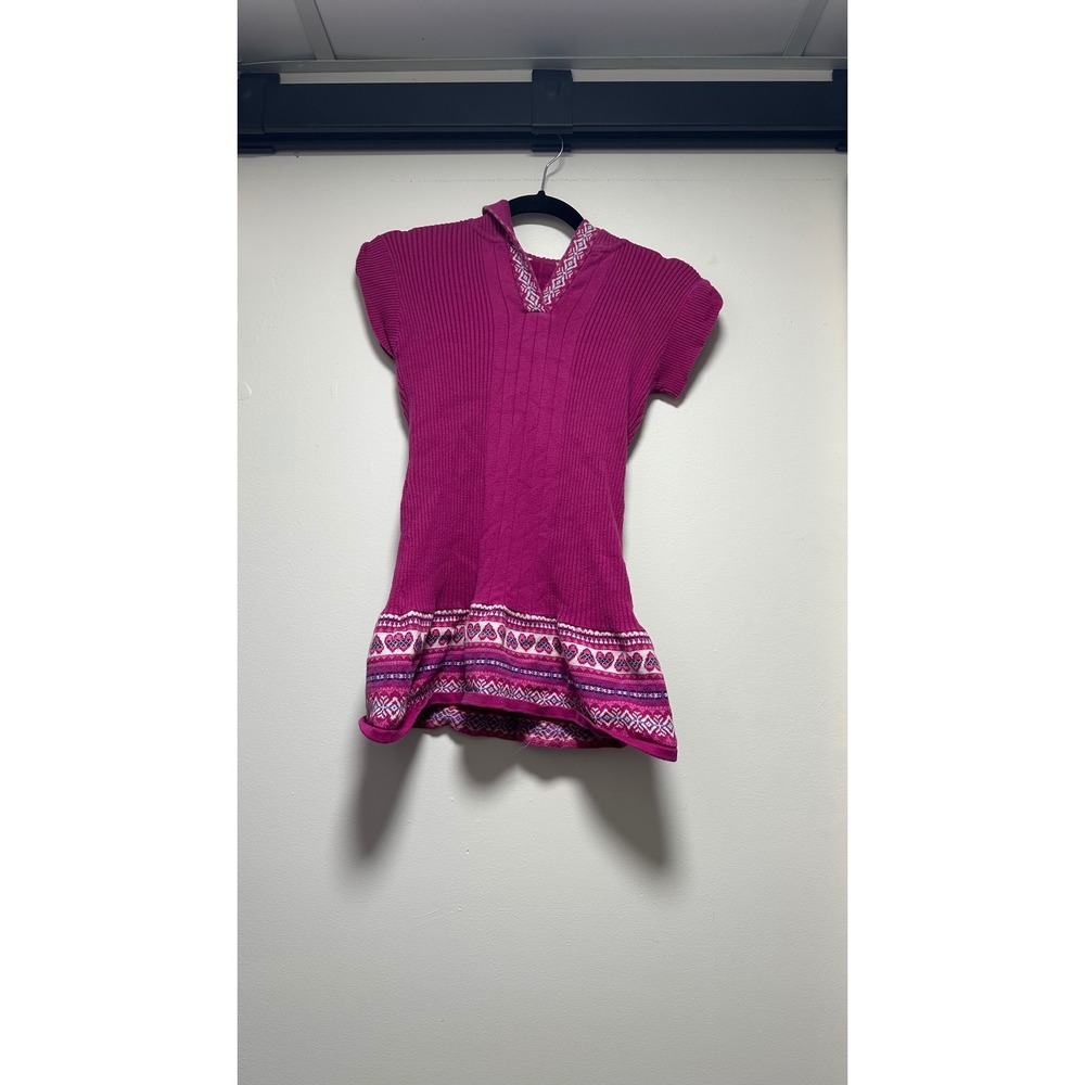 Girls Magenta Pink Short Sleeve Hooded Sweater Dress Fair Isle Heart Knit